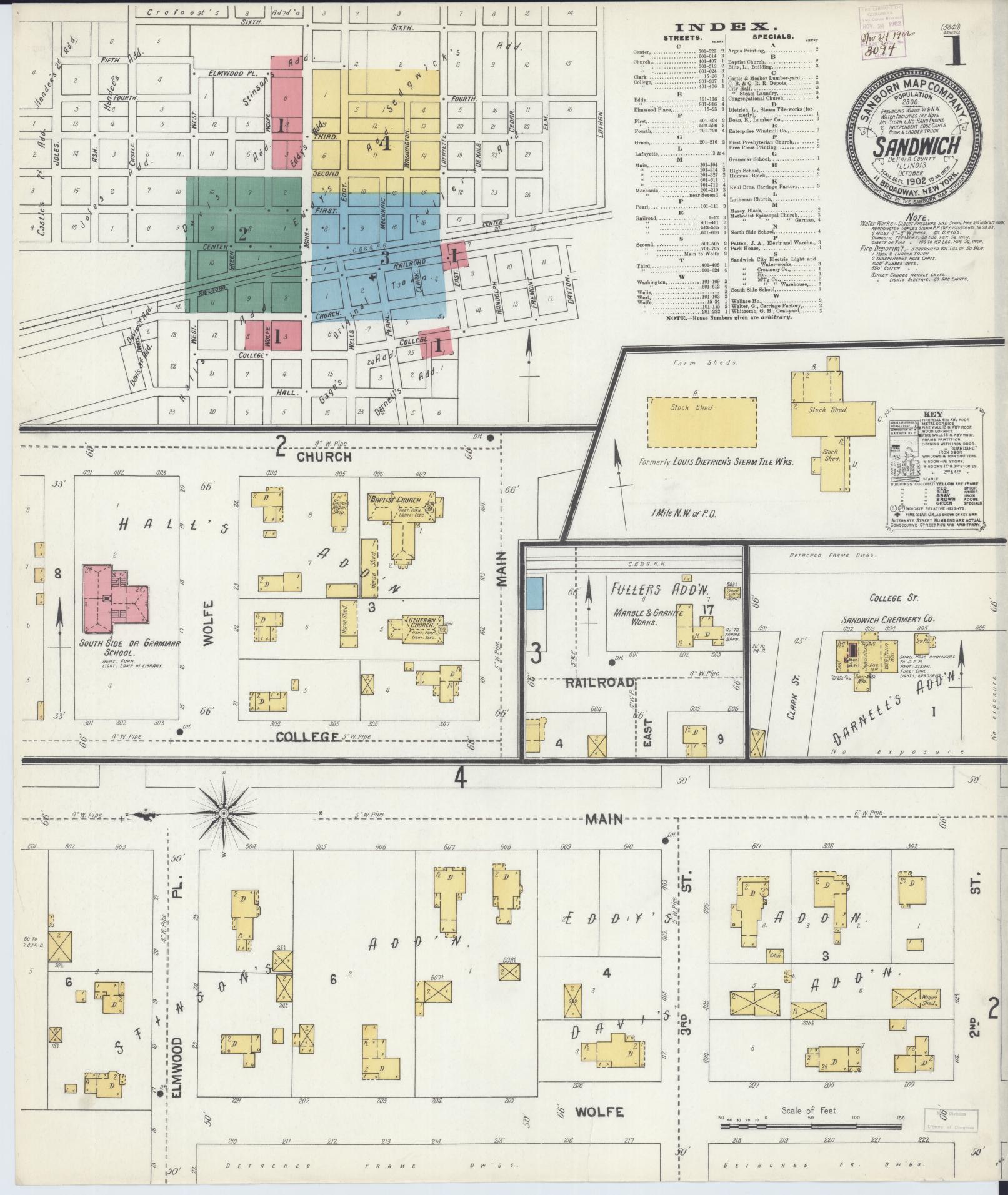 Sanborn Fire Insurance Map from Sandwich, De Kalb County, Illinois (1902), Sheet #0001 - Complete Map Set gallery image, historic Sanborn map, vintage wall art, Illinois Illinois