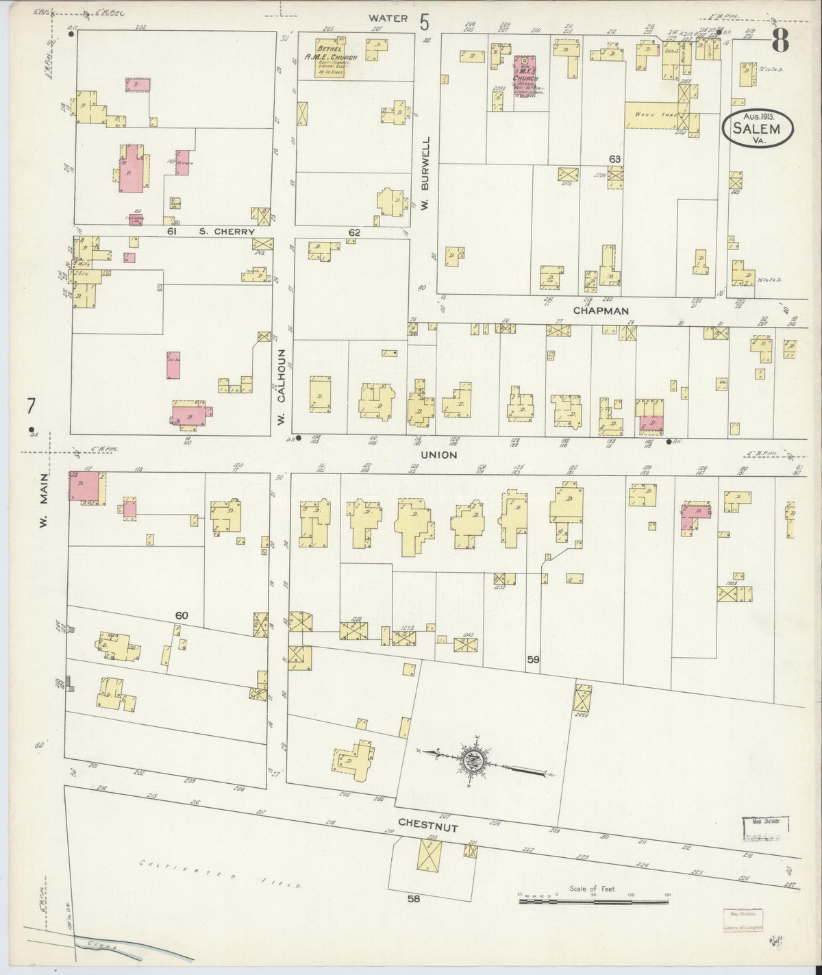 Sanborn Fire Insurance Map from Salem, Independent Cities, Virginia (1913), Sheet #0008 - Complete Map Set gallery image, historic Sanborn map, vintage wall art, Virginia Virginia