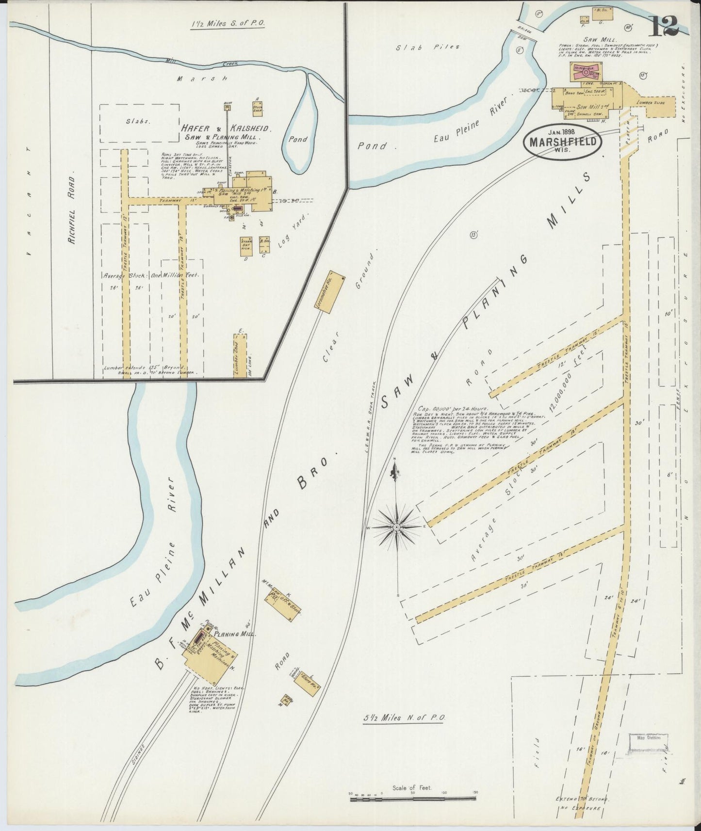 Sanborn Fire Insurance Map from Marshfield, Wood County, Wisconsin (1898), Sheet #0012 - Historic Sanborn Fire Insurance Map Print, vintage old map wall art, antique decor, genealogy gift, Wisconsin Wisconsin map