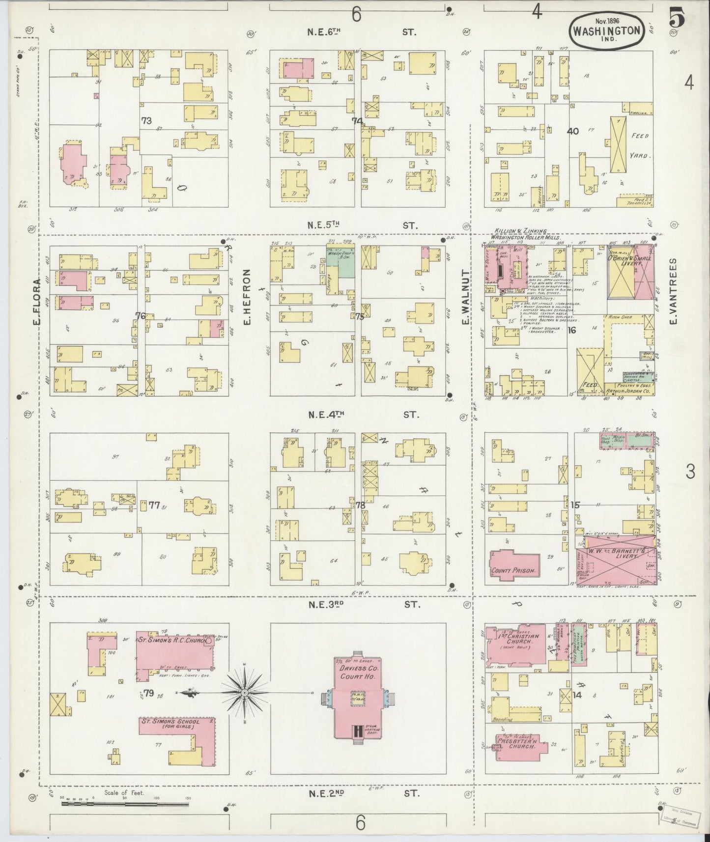 Sanborn Fire Insurance Map from Washington, Daviess County, Indiana (1896), Sheet #0005 - Historic Sanborn Fire Insurance Map Print, vintage old map wall art, antique decor, genealogy gift, Washington Washington map