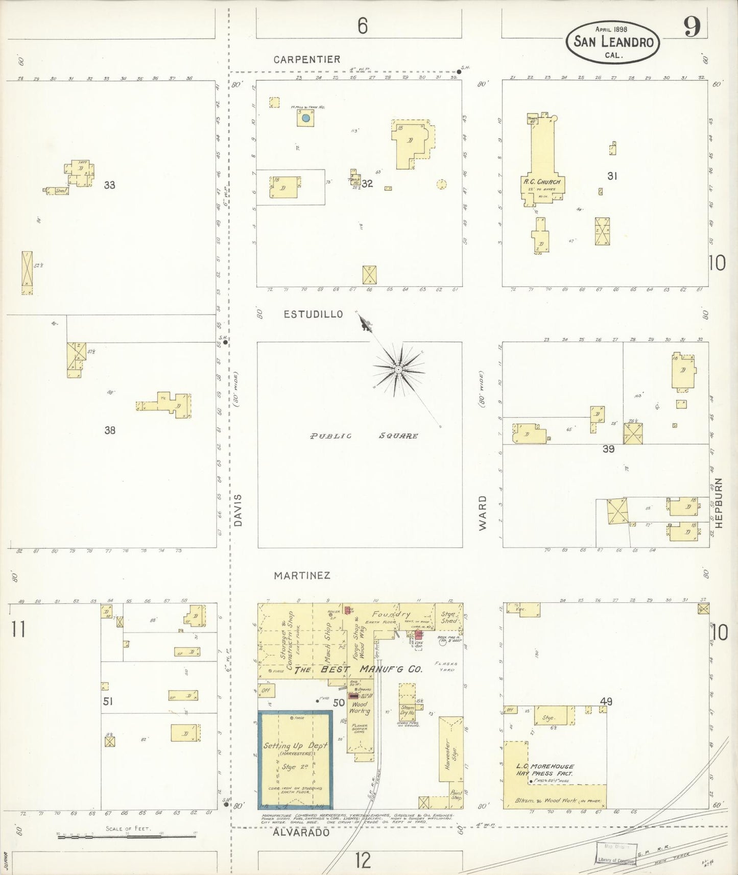 Sanborn Fire Insurance Map from San Leandro, Alameda County, California (1898), Sheet #0009 - Complete Map Set gallery image, historic Sanborn map, vintage wall art, California California