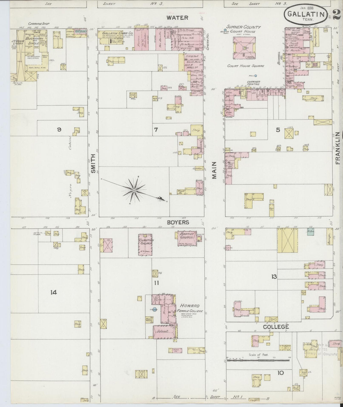 Sanborn Fire Insurance Map from Gallatin, Sumner County, Tennessee (1888), Sheet #0002 - Complete Map Set gallery image, historic Sanborn map, vintage wall art, Tennessee Tennessee