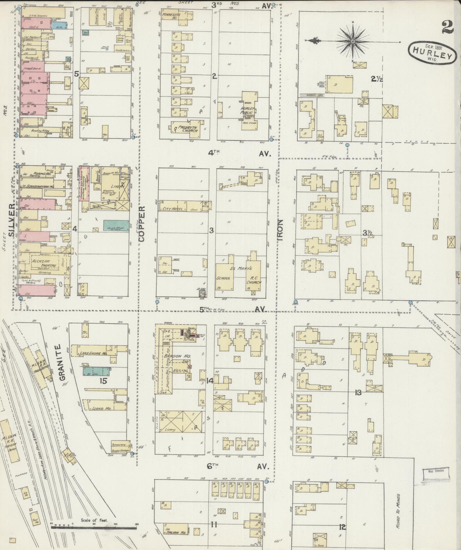Sanborn Fire Insurance Map from Hurley, Iron County, Wisconsin (1891), Sheet #0002 - Complete Map Set gallery image, historic Sanborn map, vintage wall art, Wisconsin Wisconsin