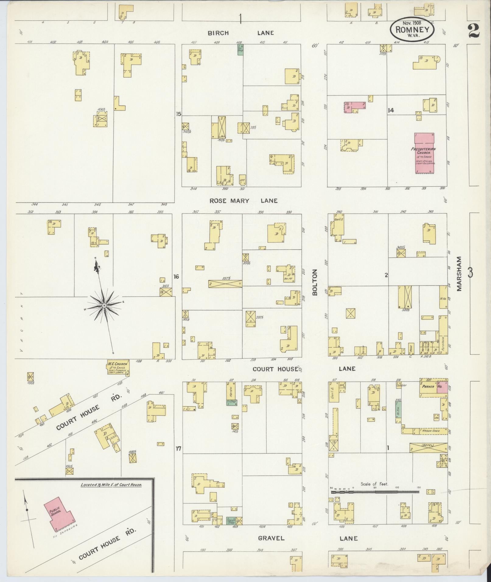 Sanborn Fire Insurance Map from Romney, Hampshire County, West Virginia (1908), Sheet #0002 - Historic Sanborn Fire Insurance Map Print, vintage old map wall art, antique decor, genealogy gift, West Virginia West Virginia map