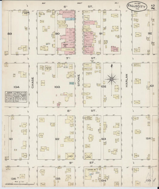 Sanborn Fire Insurance Map from Falls City, Richardson County, Nebraska (1885), Sheet #0002 - Historic Sanborn Fire Insurance Map Print, vintage old map wall art, antique decor, genealogy gift, Nebraska Nebraska map