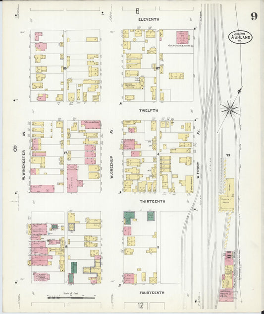 Sanborn Fire Insurance Map from Ashland, Boyd County, Kentucky (1907), Sheet #0009 - Historic Sanborn Fire Insurance Map Print, vintage old map wall art, antique decor, genealogy gift, Kentucky Kentucky map