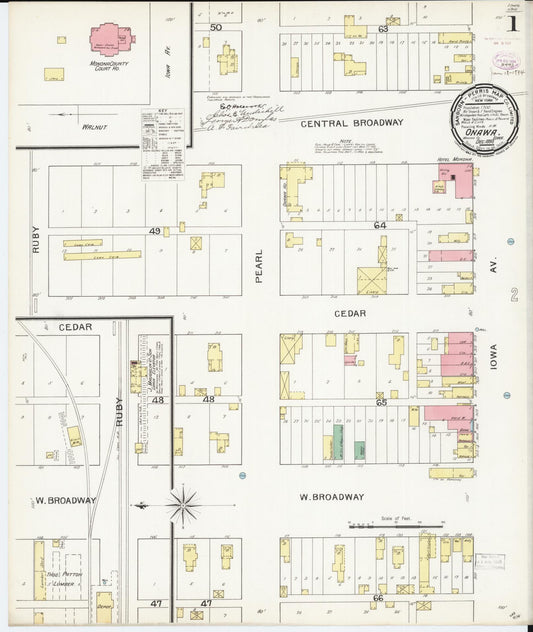 Sanborn Fire Insurance Map from Onawa, Monona County, Iowa (1893), Sheet #0001 - Historic Sanborn Fire Insurance Map Print, vintage old map wall art