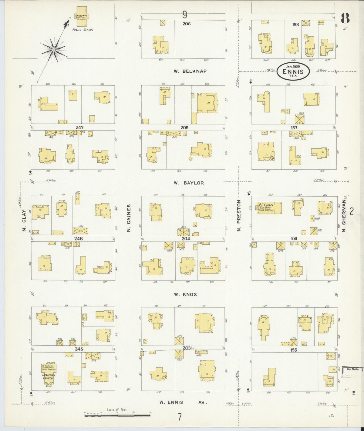 Sanborn Fire Insurance Map from Ennis, Ellis County, Texas (1909), Sheet #0008 - Historic Sanborn Fire Insurance Map Print, vintage old map wall art, antique decor, genealogy gift, Texas Texas map