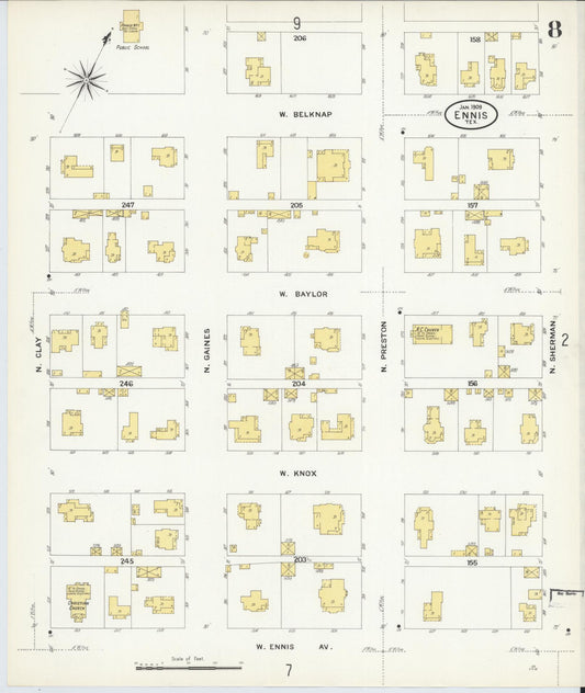 Sanborn Fire Insurance Map from Ennis, Ellis County, Texas (1909), Sheet #0008 - Historic Sanborn Fire Insurance Map Print, vintage old map wall art, antique decor, genealogy gift, Texas Texas map