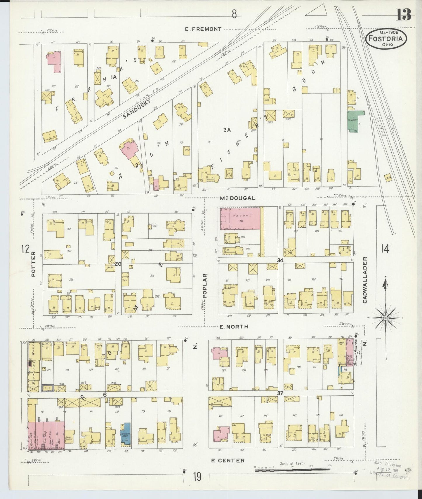 Sanborn Fire Insurance Map from Fostoria, Seneca, Hancock, And Wood Counties, Ohio (1908), Sheet #0013 - Historic Sanborn Fire Insurance Map Print, vintage old map wall art, antique decor, genealogy gift, Ohio Ohio map