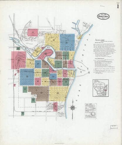 Sanborn Fire Insurance Map from Manitowoc, Manitowoc County, Wisconsin (1919), Sheet #0001 - Historic Sanborn Fire Insurance Map Print, vintage old map wall art, antique decor, genealogy gift, Wisconsin Wisconsin map