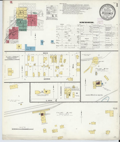 Sanborn Fire Insurance Map from Bessemer, Gogebic County, Michigan (1908), Sheet #0001 - Historic Sanborn Fire Insurance Map Print, vintage old map wall art, antique decor, genealogy gift, Michigan Michigan map
