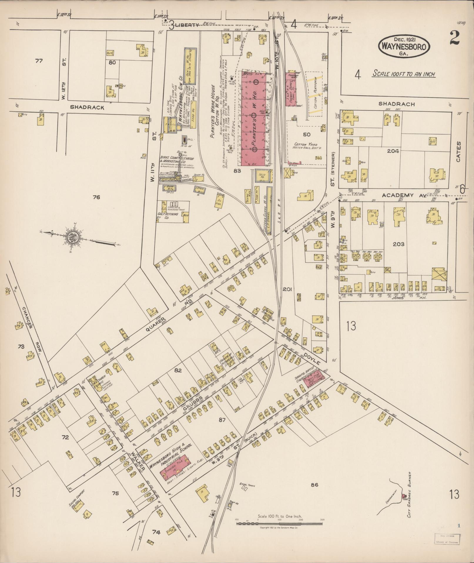 Sanborn Fire Insurance Map from Waynesboro, Burke County, Georgia (1921), Sheet #0002 - Historic Sanborn Fire Insurance Map Print, vintage old map wall art, antique decor, genealogy gift, Georgia Georgia map