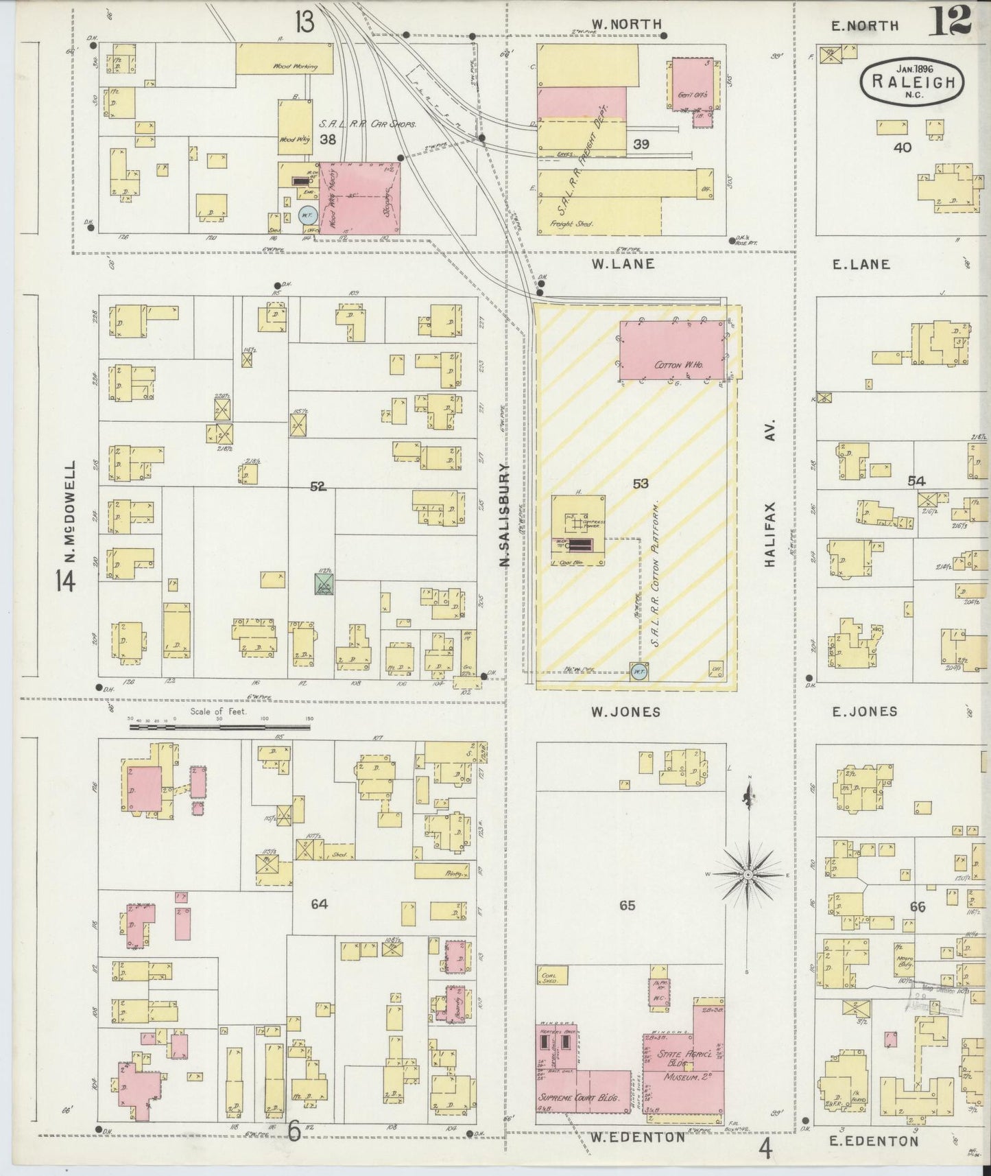 Sanborn Fire Insurance Map from Raleigh, Wake County, North Carolina (1896), Sheet #0012 - Historic Sanborn Fire Insurance Map Print, vintage old map wall art, antique decor, genealogy gift, North Carolina North Carolina map
