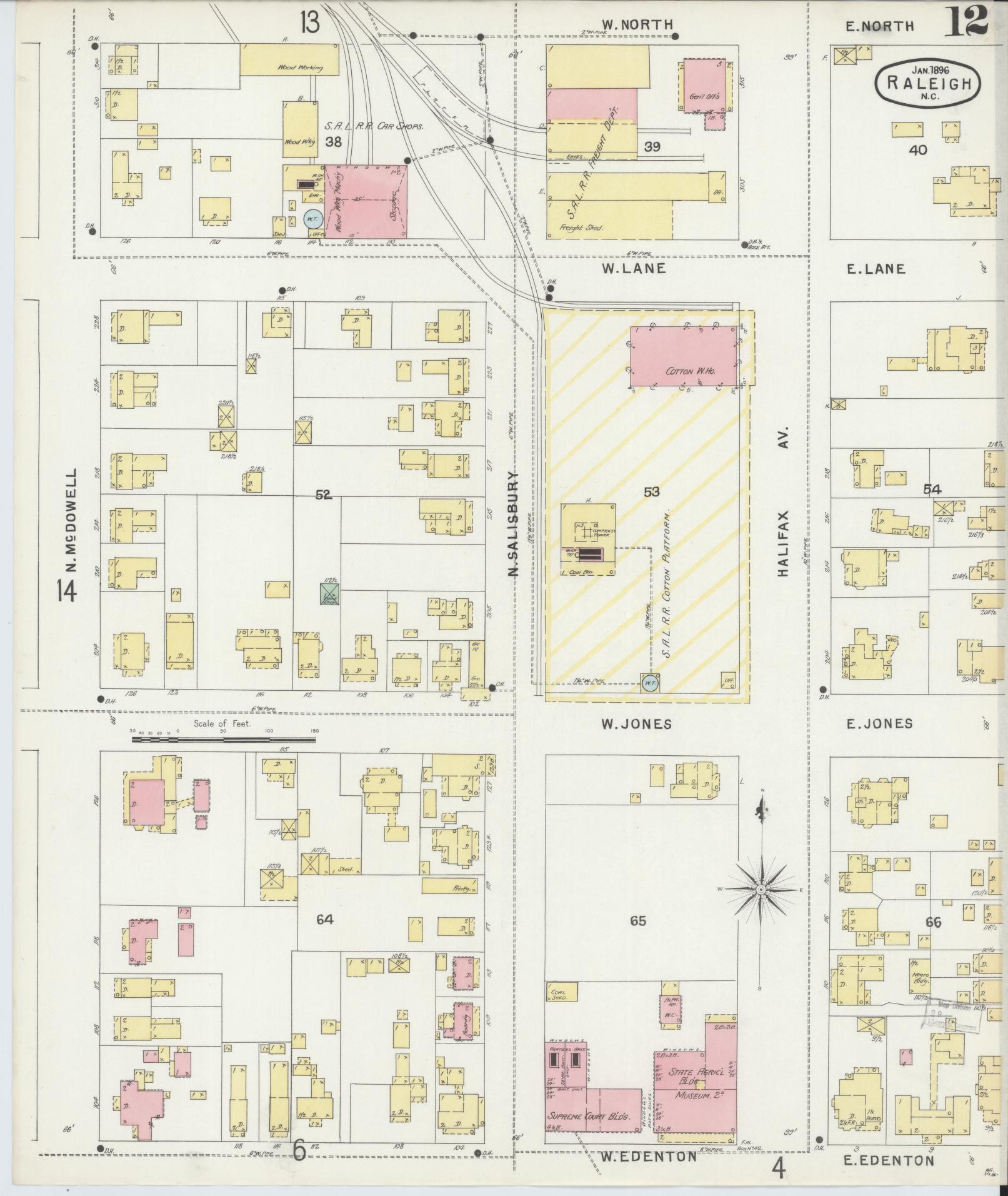 Sanborn Fire Insurance Map from Raleigh, Wake County, North Carolina (1896), Sheet #0012 - Historic Sanborn Fire Insurance Map Print, vintage old map wall art, antique decor, genealogy gift, North Carolina North Carolina map