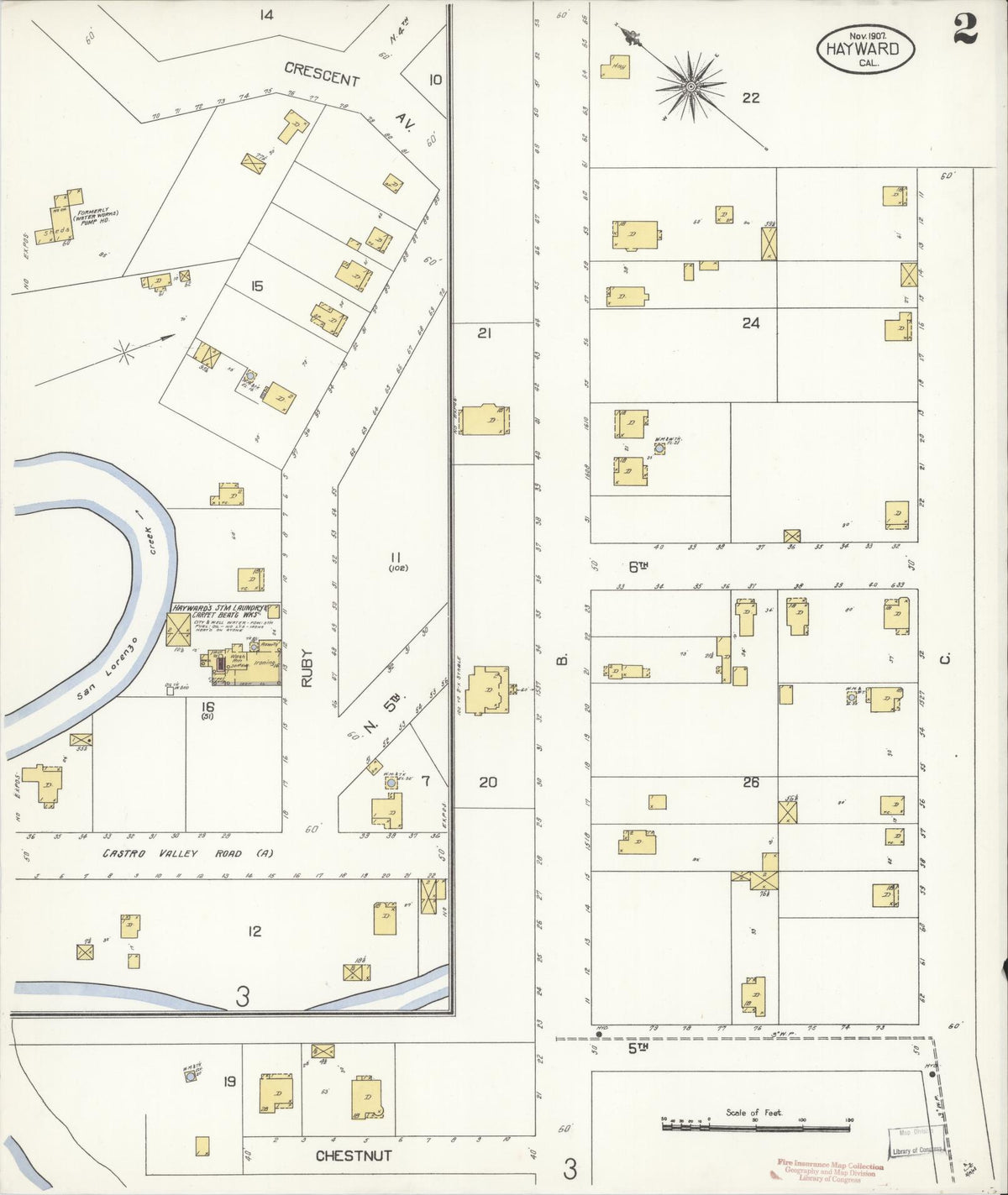 Sanborn Fire Insurance Map from Hayward, Alameda County, California (1907), Sheet #0002 - Complete Map Set gallery image, historic Sanborn map, vintage wall art, California California