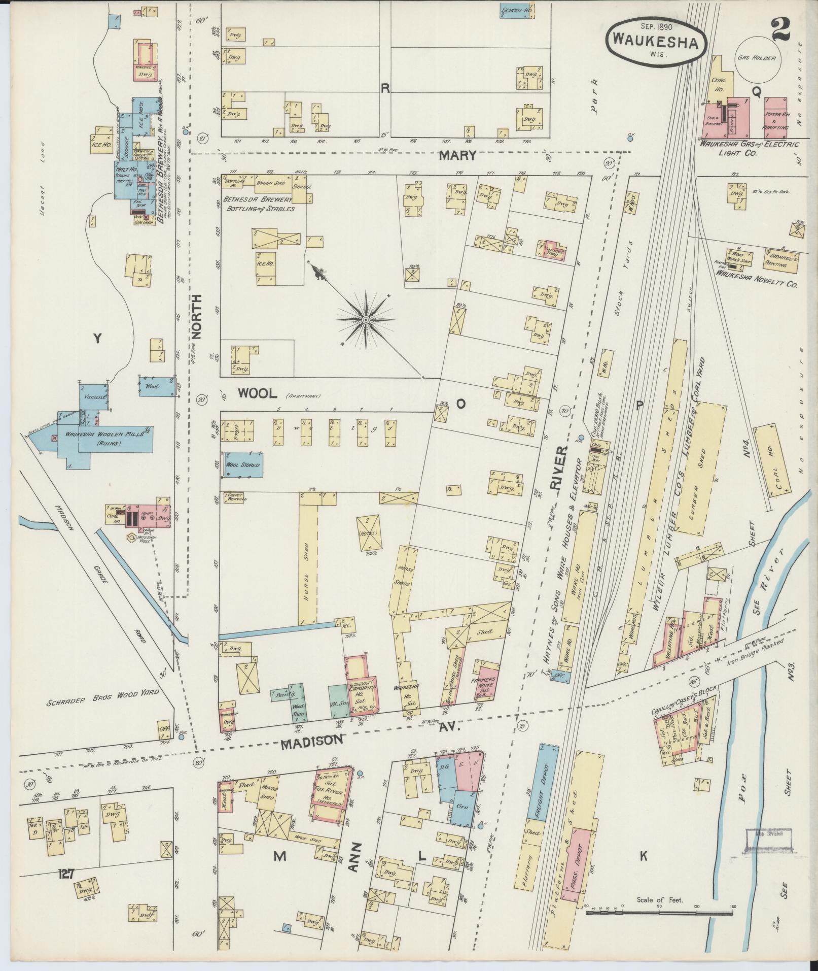 Sanborn Fire Insurance Map from Waukesha, Waukesha County, Wisconsin (1890), Sheet #0002 - Historic Sanborn Fire Insurance Map Print, vintage old map wall art, antique decor, genealogy gift, Wisconsin Wisconsin map
