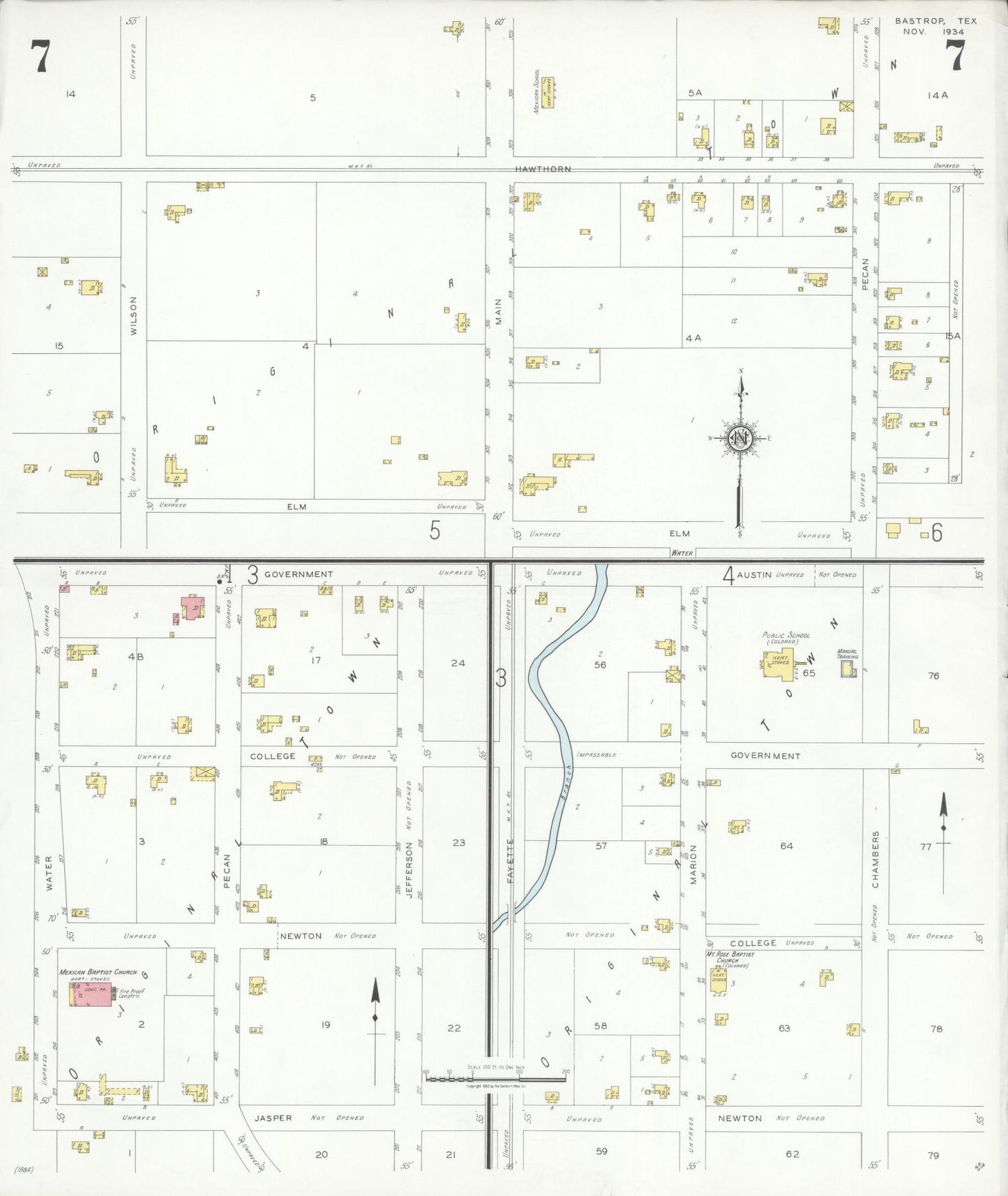 Sanborn Fire Insurance Map from Bastrop, Bastrop County, Texas (1934), Sheet #0007 - Historic Sanborn Fire Insurance Map Print, vintage old map wall art, antique decor, genealogy gift, Texas Texas map