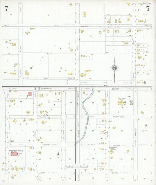 Sanborn Fire Insurance Map from Bastrop, Bastrop County, Texas (1934), Sheet #0007 - Historic Sanborn Fire Insurance Map Print, vintage old map wall art, antique decor, genealogy gift, Texas Texas map