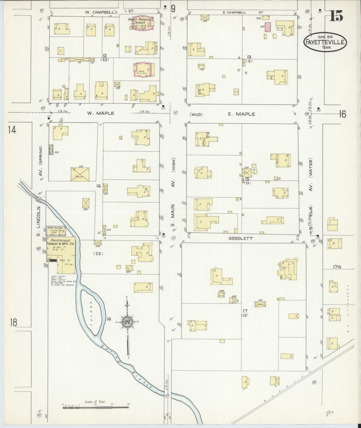 Sanborn Fire Insurance Map from Fayetteville, Lincoln County, Tennessee (1914), Sheet #0015 - Historic Sanborn Fire Insurance Map Print, vintage old map wall art, antique decor, genealogy gift, Tennessee Tennessee map