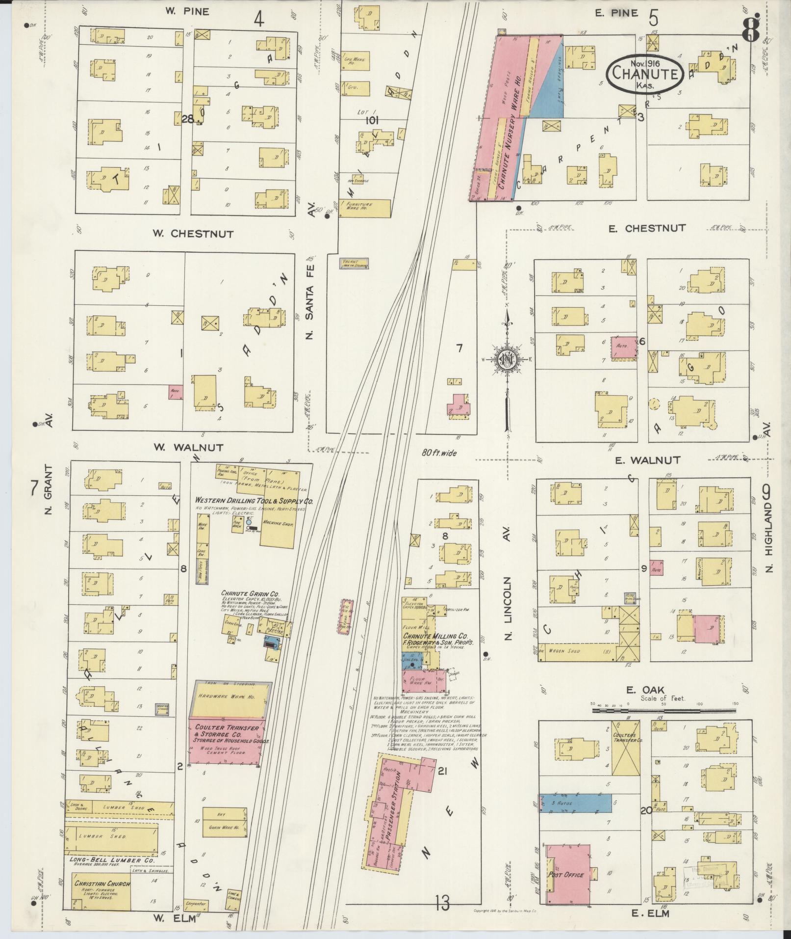 Sanborn Fire Insurance Map from Chanute, Neosho County, Kansas (1916), Sheet #0008 - Complete Map Set gallery image, historic Sanborn map, vintage wall art, Kansas Kansas