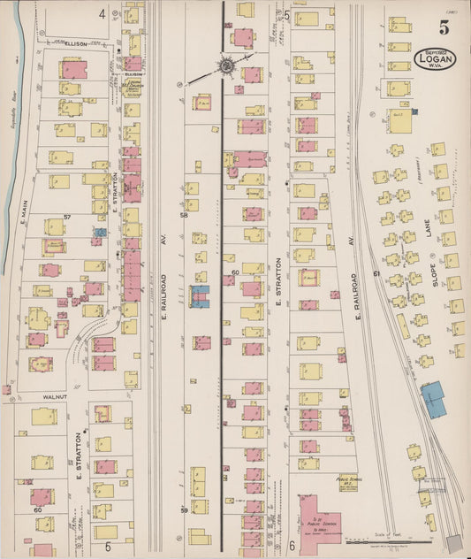 Sanborn Fire Insurance Map from Logan, Logan County, West Virginia (1922), Sheet #0005 - Historic Sanborn Fire Insurance Map Print, vintage old map wall art, antique decor, genealogy gift, West Virginia West Virginia map