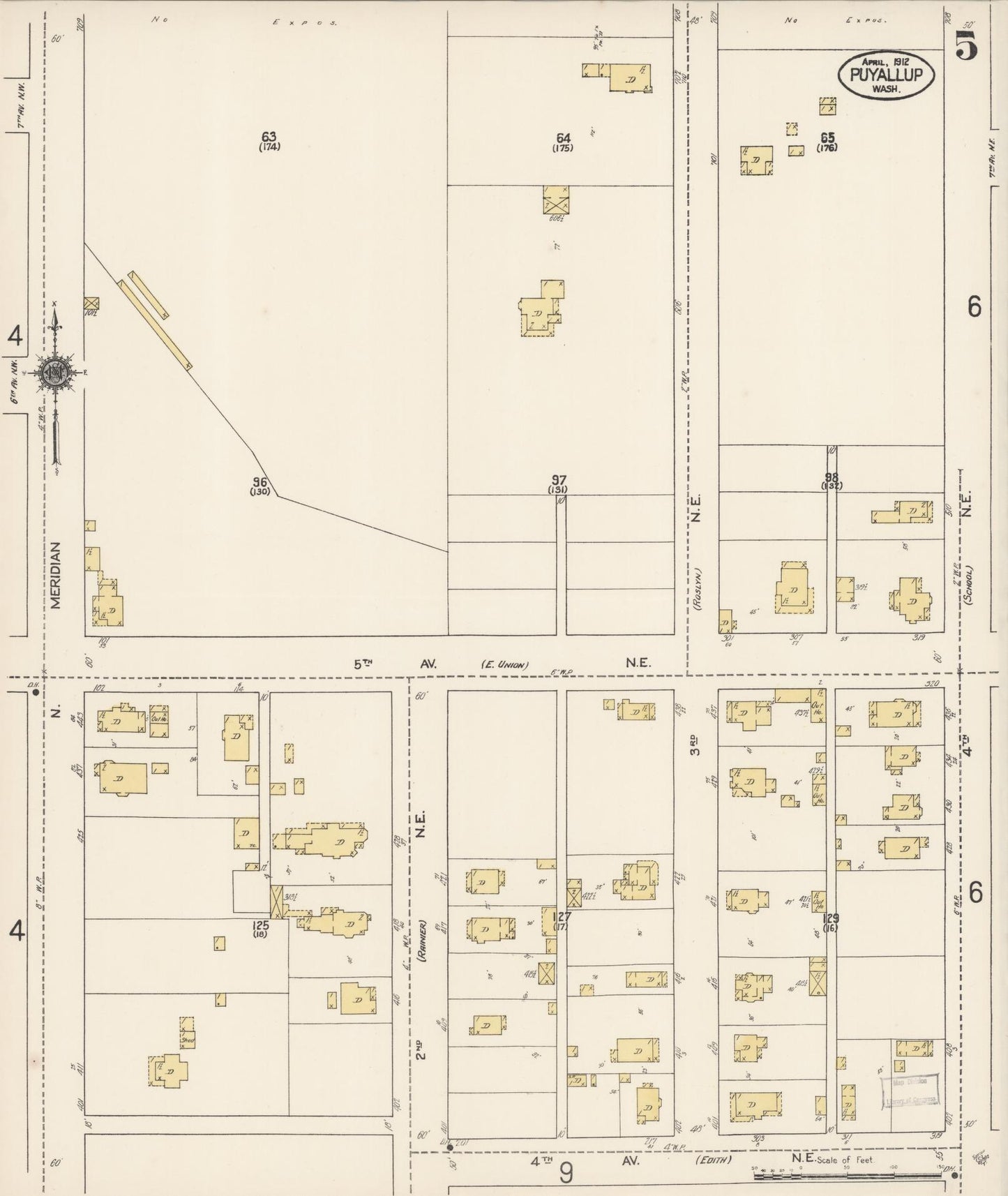 Sanborn Fire Insurance Map from Puyallup, Pierce County, Washington (1912), Sheet #0005 - Complete Map Set gallery image, historic Sanborn map, vintage wall art, Washington Washington