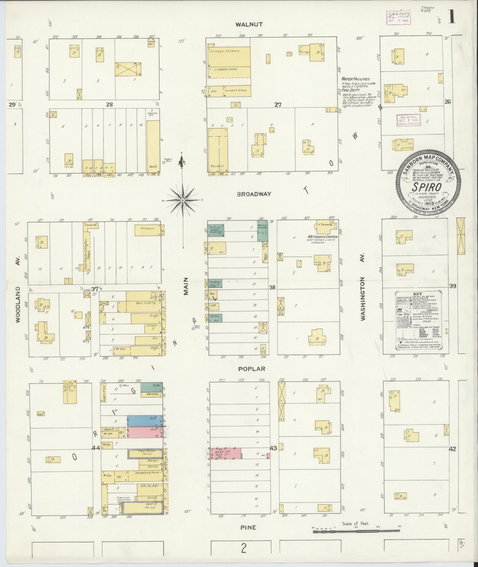 Sanborn Fire Insurance Map from Spiro, Le Flore County, Oklahoma (1909), Sheet #0001 - Historic Sanborn Fire Insurance Map Print, vintage old map wall art, antique decor, genealogy gift, Oklahoma Oklahoma map