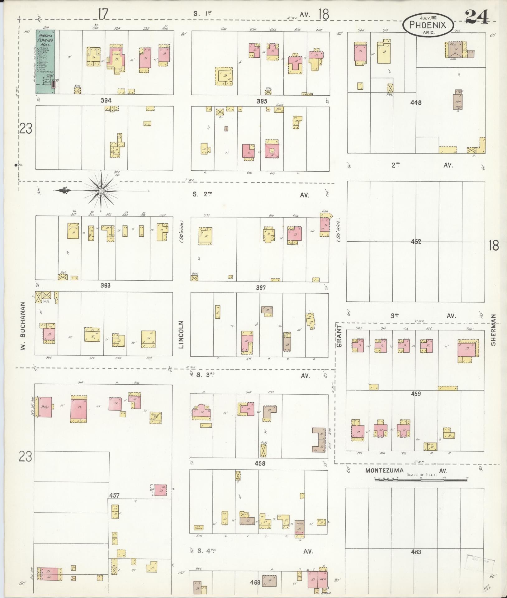 Sanborn Fire Insurance Map from Phoenix, Maricopa County, Arizona (1901), Sheet #0024 - Historic Sanborn Fire Insurance Map Print, vintage old map wall art, antique decor, genealogy gift, Arizona Arizona map