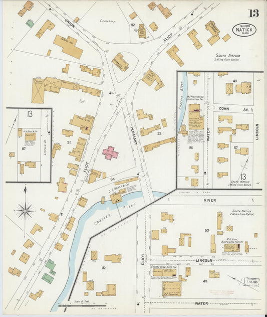 Sanborn Fire Insurance Map from Natick, Middlesex County, Massachusetts (1899), Sheet #0013 - Historic Sanborn Fire Insurance Map Print, vintage old map wall art, antique decor, genealogy gift, Massachusetts Massachusetts map