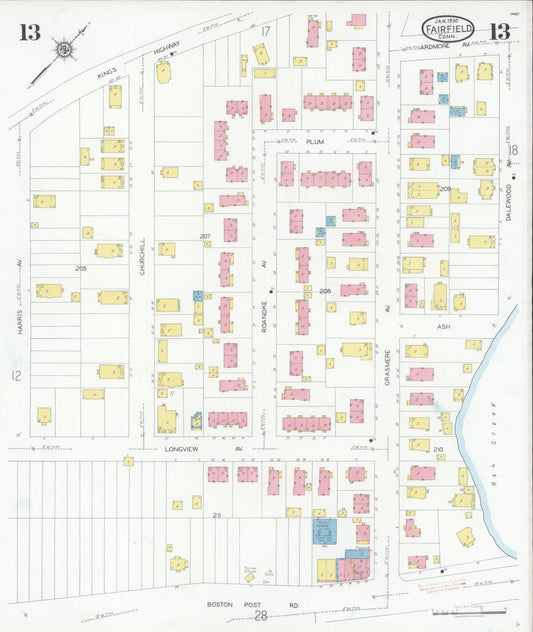 Sanborn Fire Insurance Map from Fairfield, Fairfield County, Connecticut (1930), Sheet #0013 - Historic Sanborn Fire Insurance Map Print, vintage old map wall art, antique decor, genealogy gift, Connecticut Connecticut map