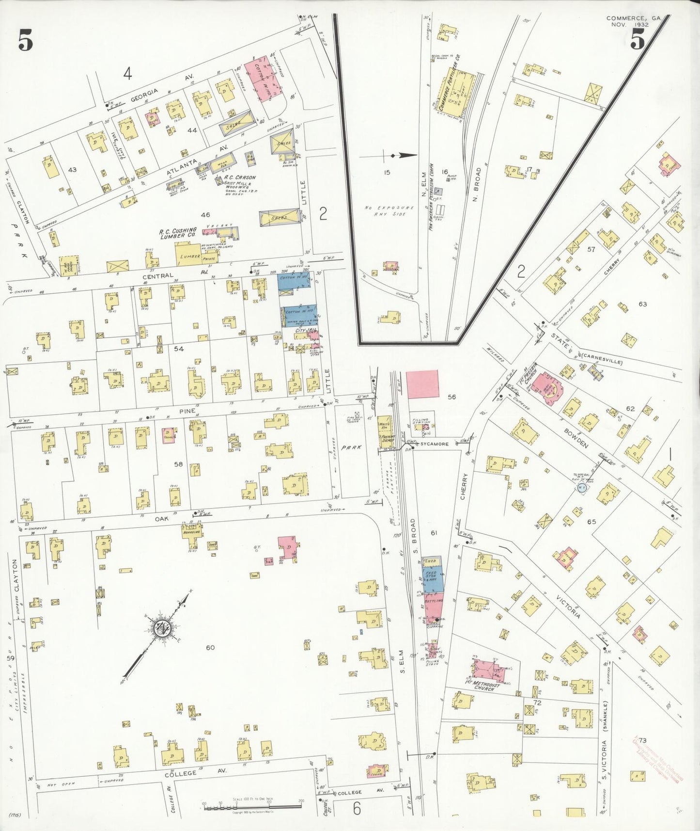 Sanborn Fire Insurance Map from Commerce, Jackson County, Georgia (1932), Sheet #0005 - Historic Sanborn Fire Insurance Map Print, vintage old map wall art, antique decor, genealogy gift, Georgia Georgia map