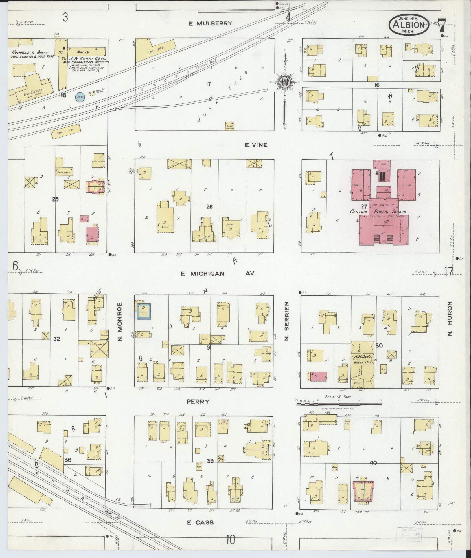 Sanborn Fire Insurance Map from Albion, Calhoun County, Michigan (1918), Sheet #0007 - Complete Map Set gallery image, historic Sanborn map, vintage wall art, Michigan Michigan