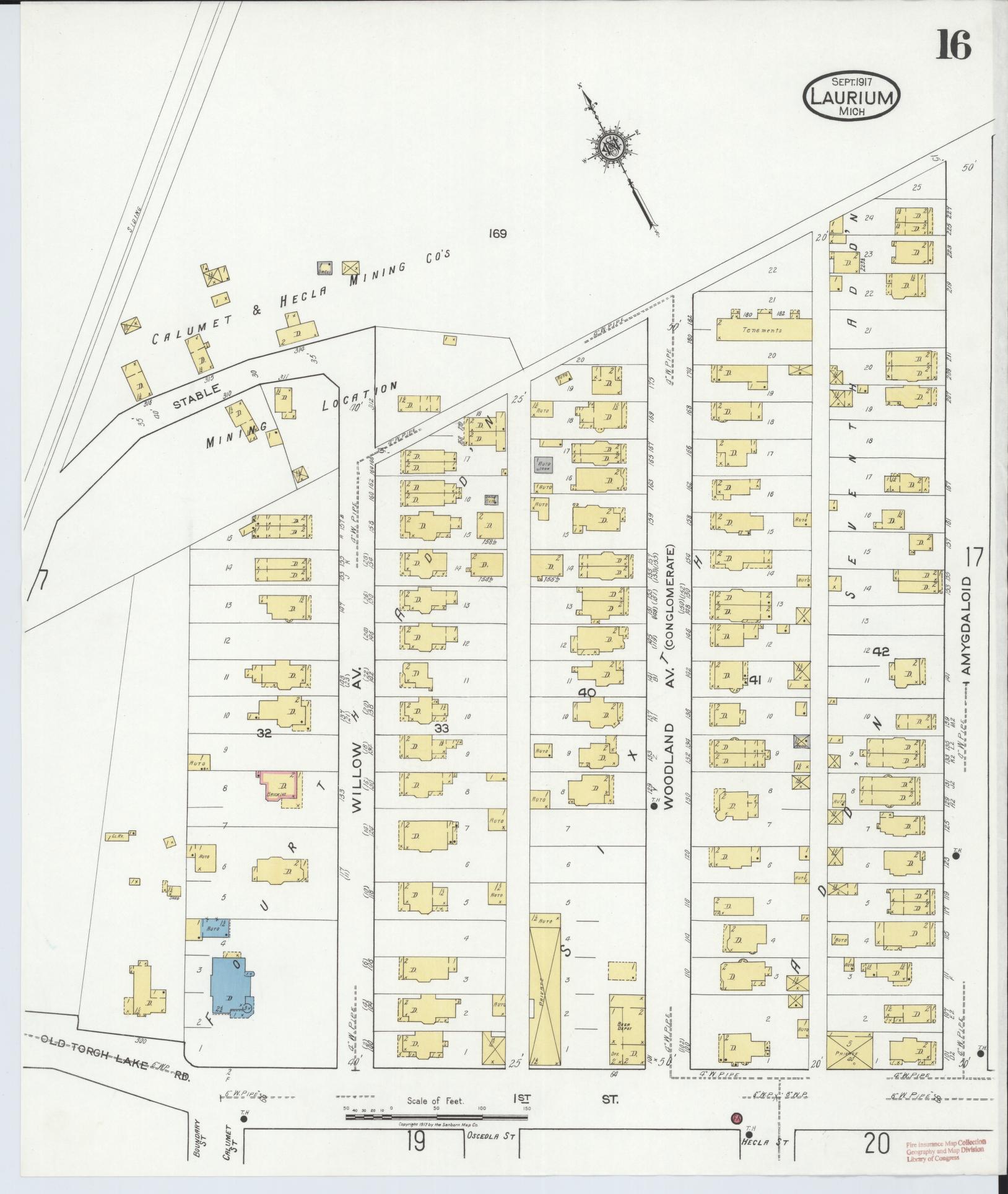 Sanborn Fire Insurance Map from Laurium, Houghton County, Michigan (1917), Sheet #0016 - Complete Map Set gallery image, historic Sanborn map, vintage wall art, Michigan Michigan