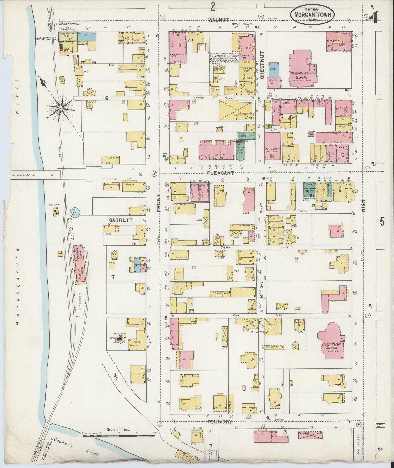 Sanborn Fire Insurance Map from Morgantown, Monongalia County, West Virginia (1904), Sheet #0004 - Complete Map Set gallery image, historic Sanborn map, vintage wall art, West Virginia West Virginia