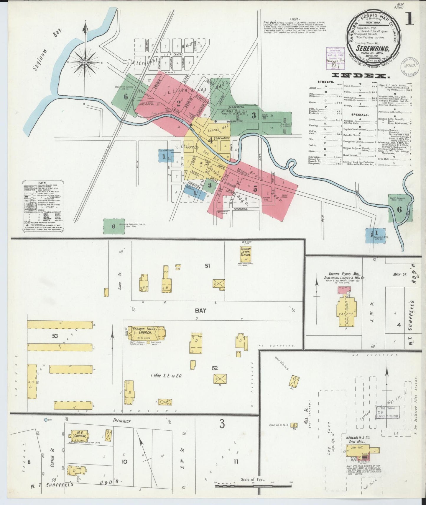 Sanborn Fire Insurance Map from Sebewaing, Huron County, Michigan (1901), Sheet #0001 - Complete Map Set gallery image, historic Sanborn map, vintage wall art, Michigan Michigan
