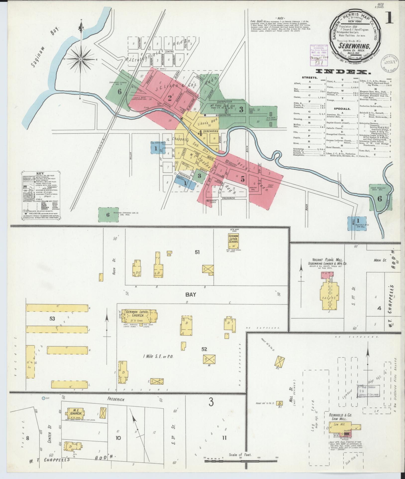 Sanborn Fire Insurance Map from Sebewaing, Huron County, Michigan (1901), Sheet #0001 - Complete Map Set gallery image, historic Sanborn map, vintage wall art, Michigan Michigan