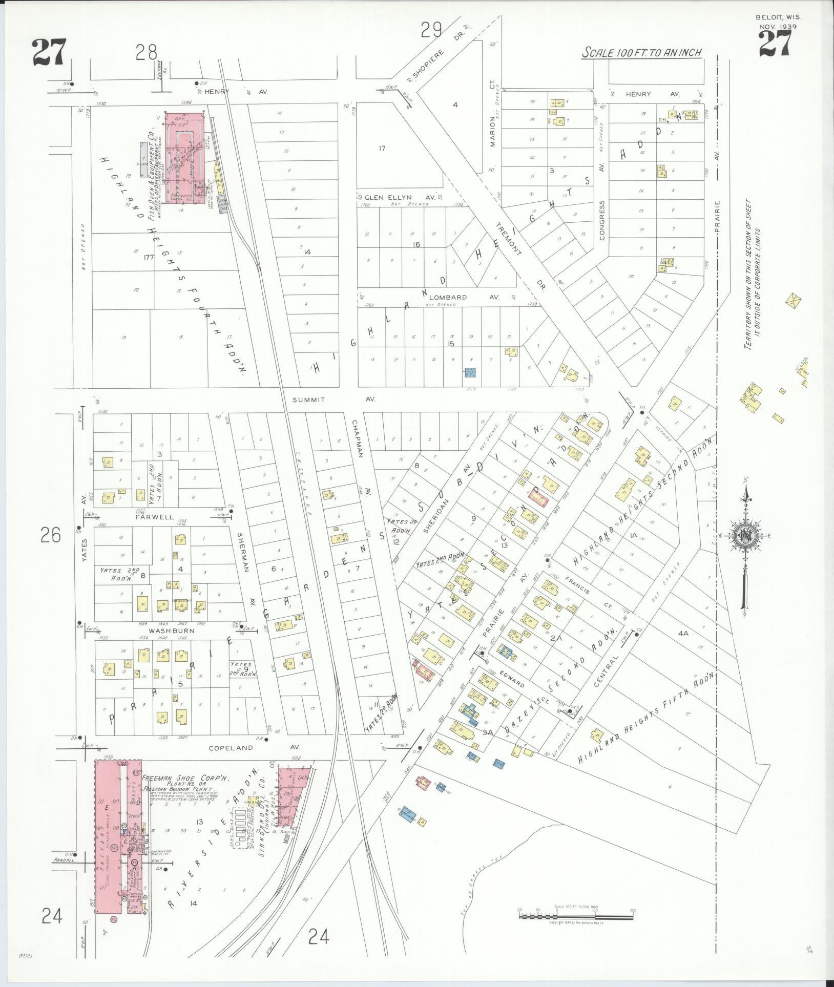 Sanborn Fire Insurance Map from Beloit, Rock County, Wisconsin (1939), Sheet #0027 - Historic Sanborn Fire Insurance Map Print, vintage old map wall art, antique decor, genealogy gift, Wisconsin Wisconsin map