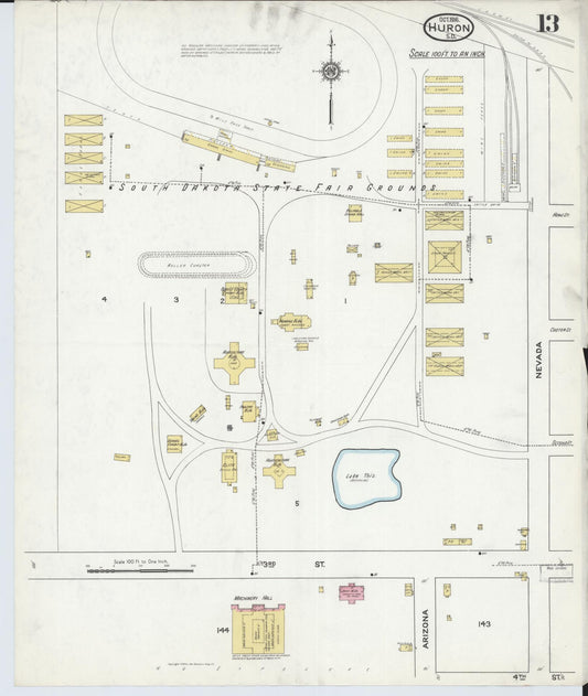 Sanborn Fire Insurance Map from Huron, Beadle County, South Dakota (1916), Sheet #0013 - Historic Sanborn Fire Insurance Map Print, vintage old map wall art, antique decor, genealogy gift, South Dakota South Dakota map