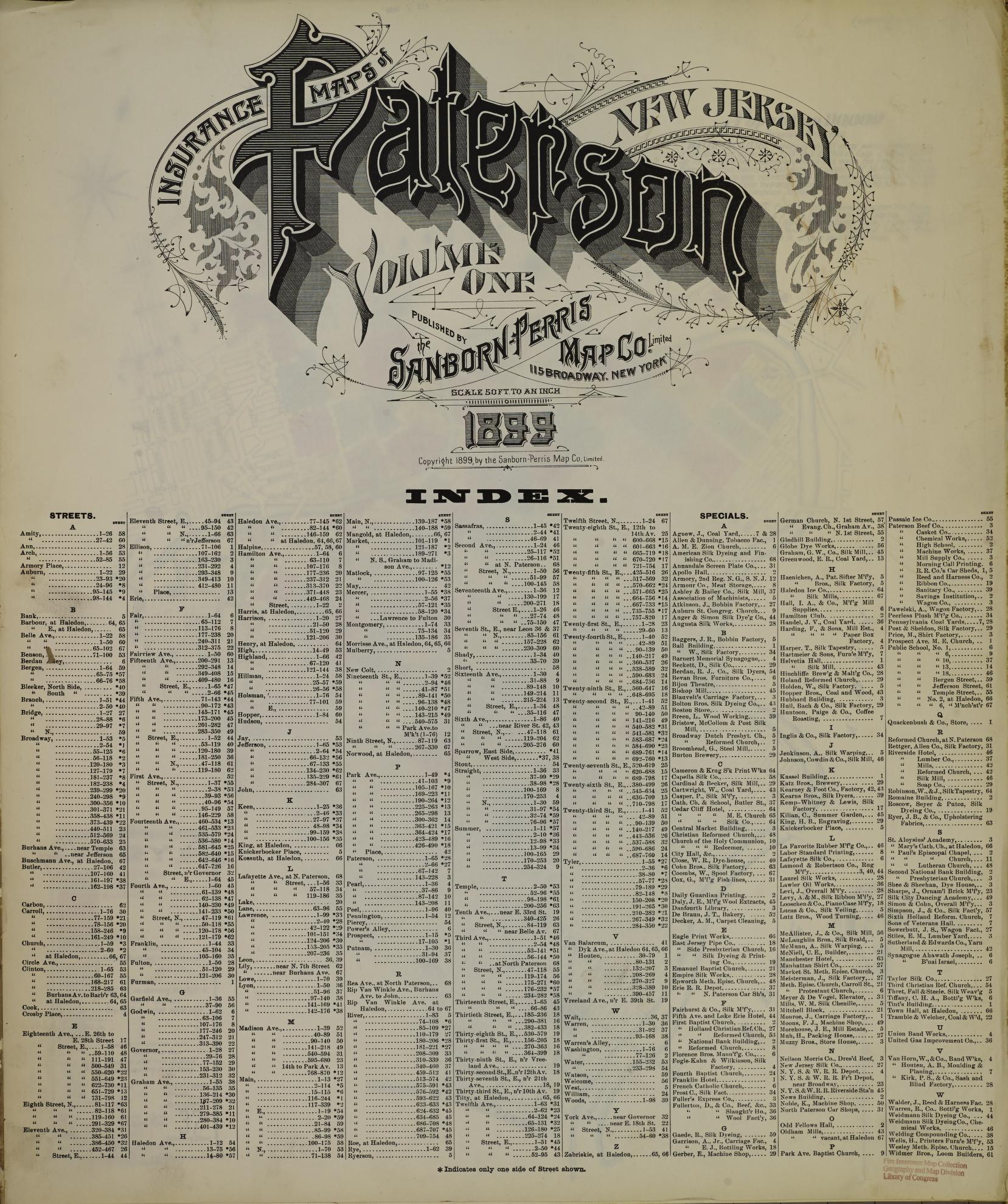 Sanborn Fire Insurance Map from Paterson, Passaic County, New Jersey (1899), Sheet #0001 - Complete Map Set gallery image, historic Sanborn map, vintage wall art, New Jersey New Jersey