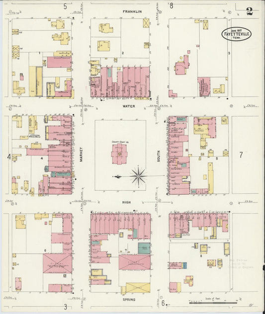 Sanborn Fire Insurance Map from Fayetteville, Lincoln County, Tennessee (1907), Sheet #0002 - Historic Sanborn Fire Insurance Map Print, vintage old map wall art, antique decor, genealogy gift, Tennessee Tennessee map