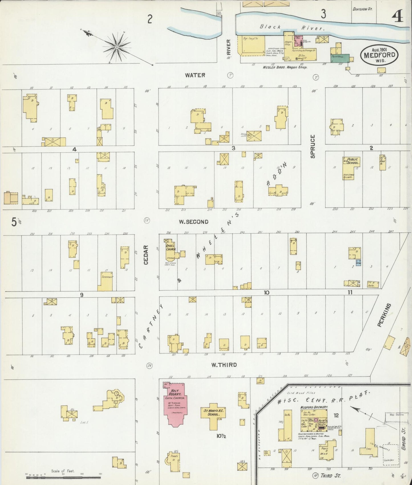 Sanborn Fire Insurance Map from Medford, Taylor County, Wisconsin (1901), Sheet #0004 - Historic Sanborn Fire Insurance Map Print, vintage old map wall art, antique decor, genealogy gift, Wisconsin Wisconsin map