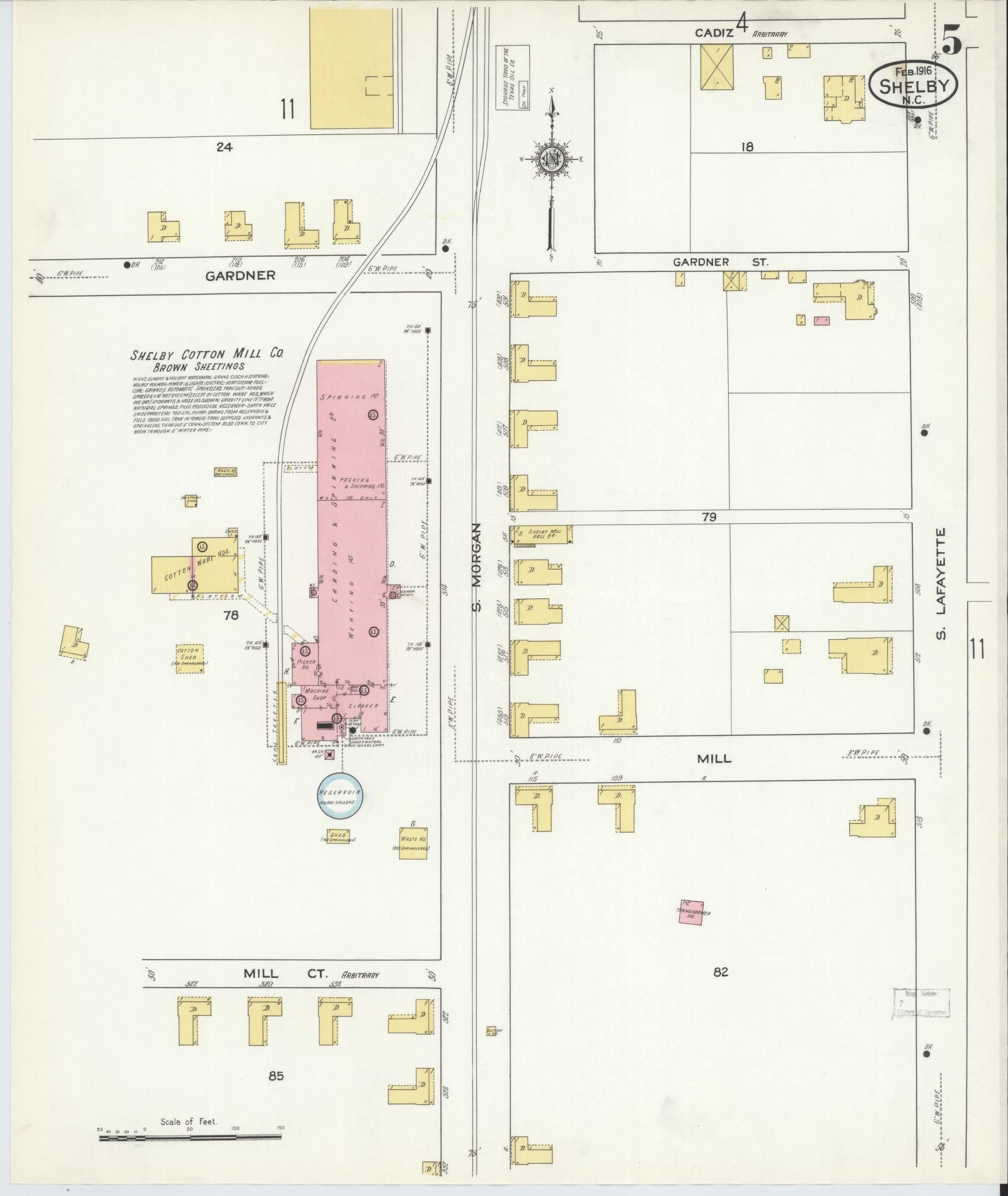 Sanborn Fire Insurance Map from Shelby, Cleveland County, North Carolina (1916), Sheet #0005 - Historic Sanborn Fire Insurance Map Print, vintage old map wall art, antique decor, genealogy gift, North Carolina North Carolina map