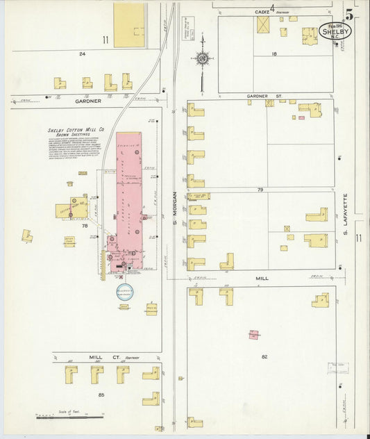 Sanborn Fire Insurance Map from Shelby, Cleveland County, North Carolina (1916), Sheet #0005 - Historic Sanborn Fire Insurance Map Print, vintage old map wall art, antique decor, genealogy gift, North Carolina North Carolina map
