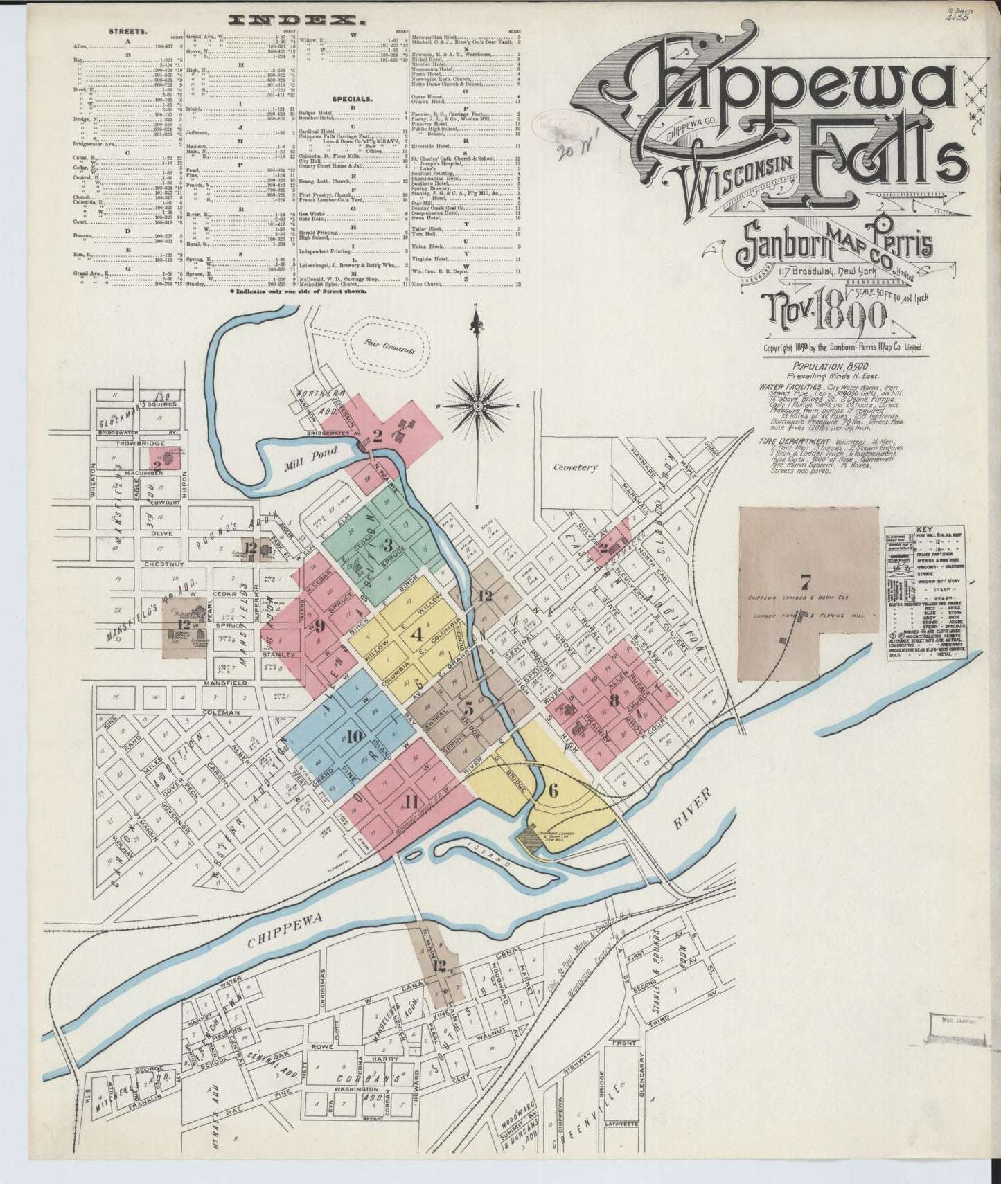 Sanborn Fire Insurance Map from Chippewa Falls, Chippewa County, Wisconsin (1890), Sheet #0001 - Historic Sanborn Fire Insurance Map Print, vintage old map wall art, antique decor, genealogy gift, Wisconsin Wisconsin map