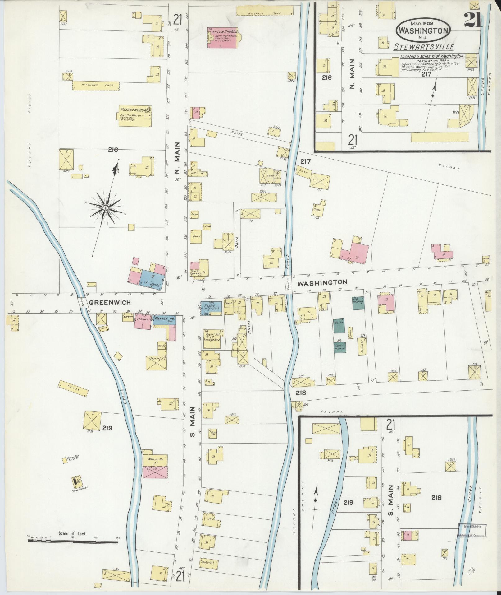 Sanborn Fire Insurance Map from Washington, Warren County, New Jersey (1909), Sheet #0021 - Historic Sanborn Fire Insurance Map Print, vintage old map wall art, antique decor, genealogy gift, Washington Washington map