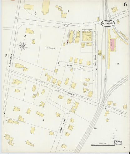 Sanborn Fire Insurance Map from Braintree, Norfolk County, Massachusetts (1896), Sheet #0006 - Historic Sanborn Fire Insurance Map Print, vintage old map wall art, antique decor, genealogy gift, Massachusetts Massachusetts map