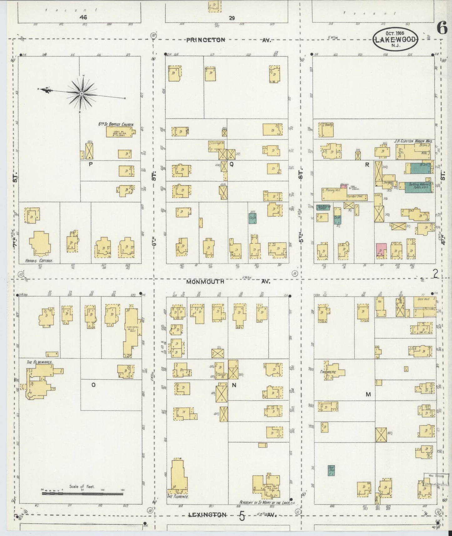 Sanborn Fire Insurance Map from Lakewood, Ocean County, New Jersey (1905), Sheet #0006 - Historic Sanborn Fire Insurance Map Print, vintage old map wall art, antique decor, genealogy gift, New Jersey New Jersey map