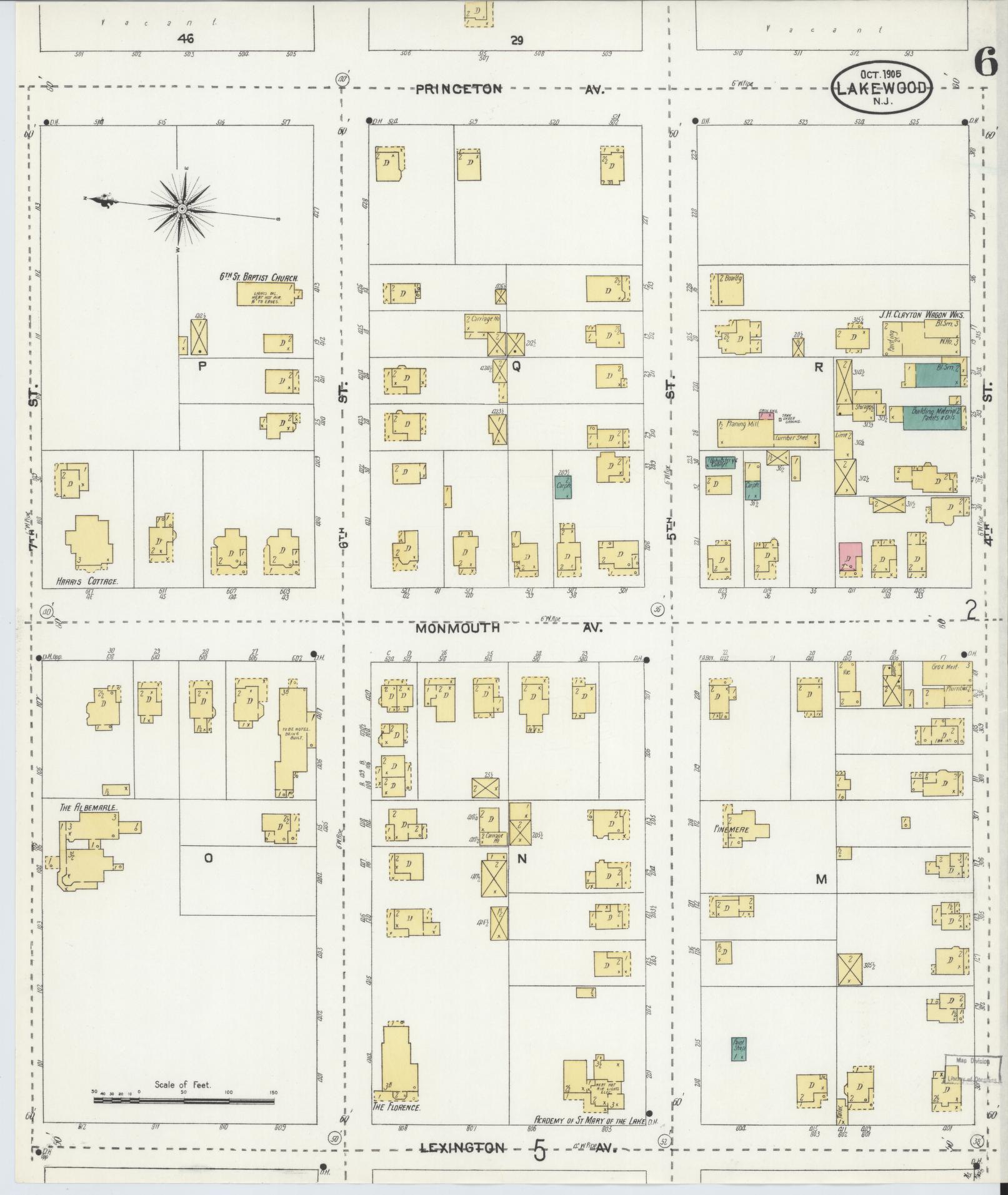 Sanborn Fire Insurance Map from Lakewood, Ocean County, New Jersey (1905), Sheet #0006 - Historic Sanborn Fire Insurance Map Print, vintage old map wall art, antique decor, genealogy gift, New Jersey New Jersey map