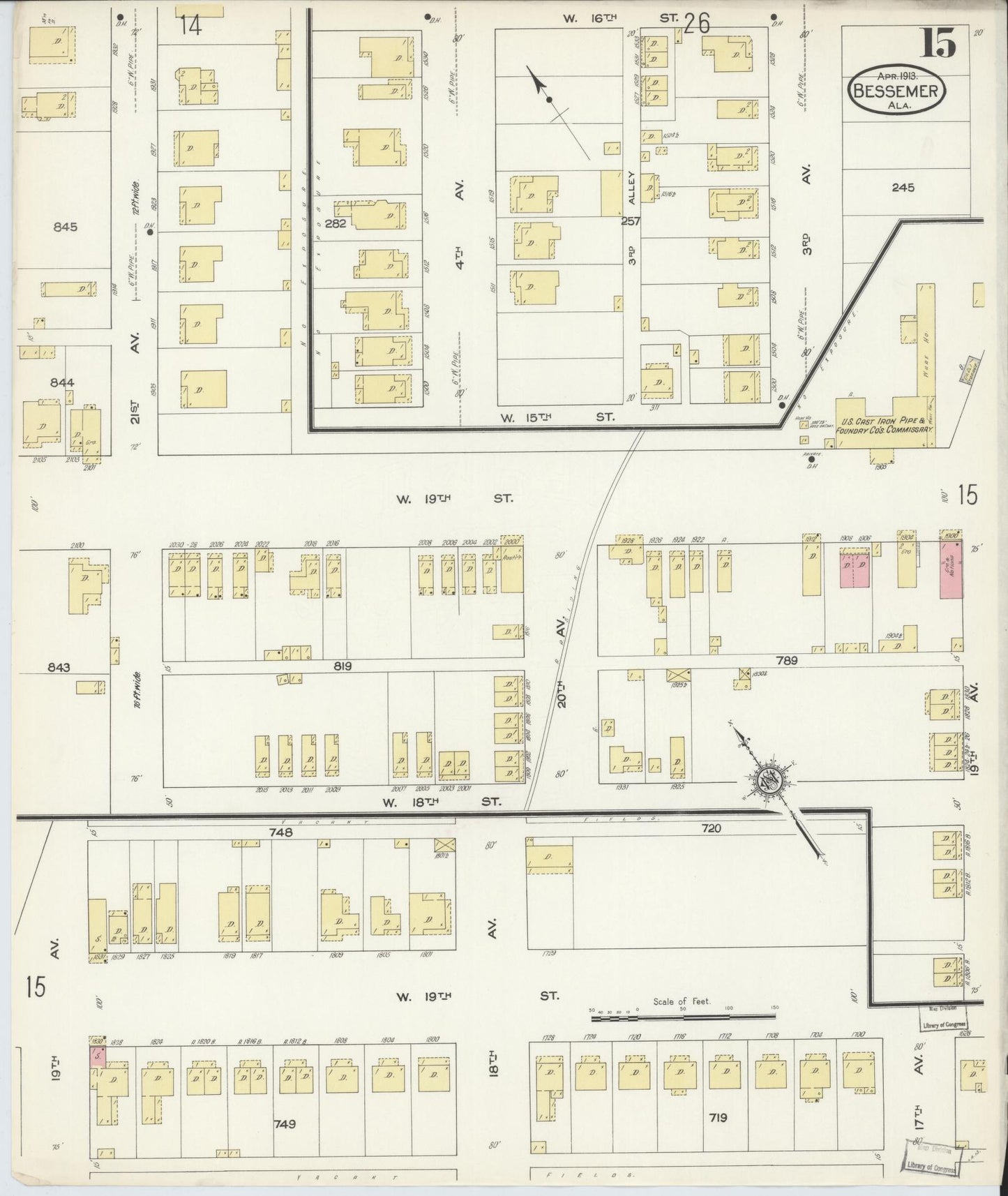 Sanborn Fire Insurance Map from Bessemer, Jefferson County, Alabama (1913), Sheet #0015 - Complete Map Set gallery image, historic Sanborn map, vintage wall art, Alabama Alabama